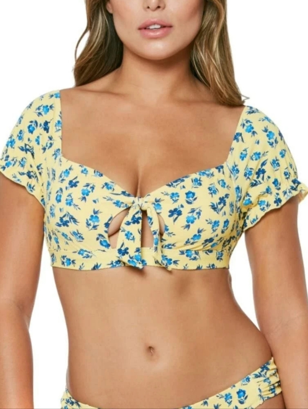 NWT Jessica Simpson Floral Delight Puff Sleeve Bikini Swimsuit Top Yellow M